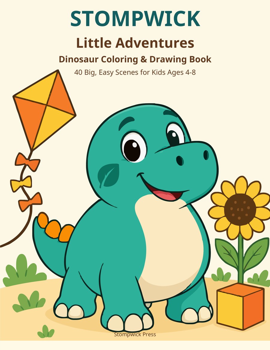 Cover of Stompwick: Little Adventures showing Stompwick the teal dinosaur with a kite and a sunflower